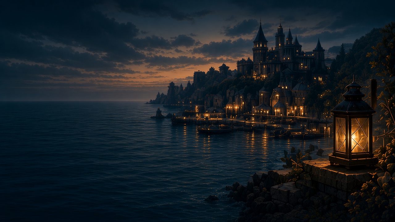 A night harbor at dusk: a coastal castle above lantern-lit docks and dark water
