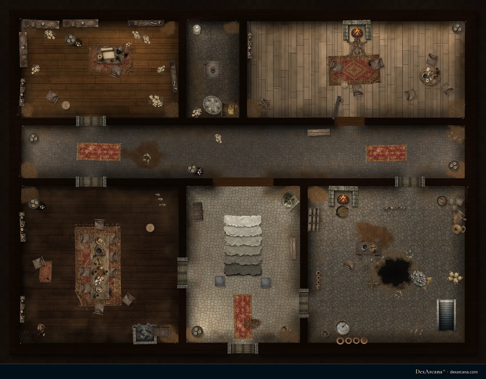 Grey Hollow Manor, Ground Floor battle map, top-down, 5 ft grid