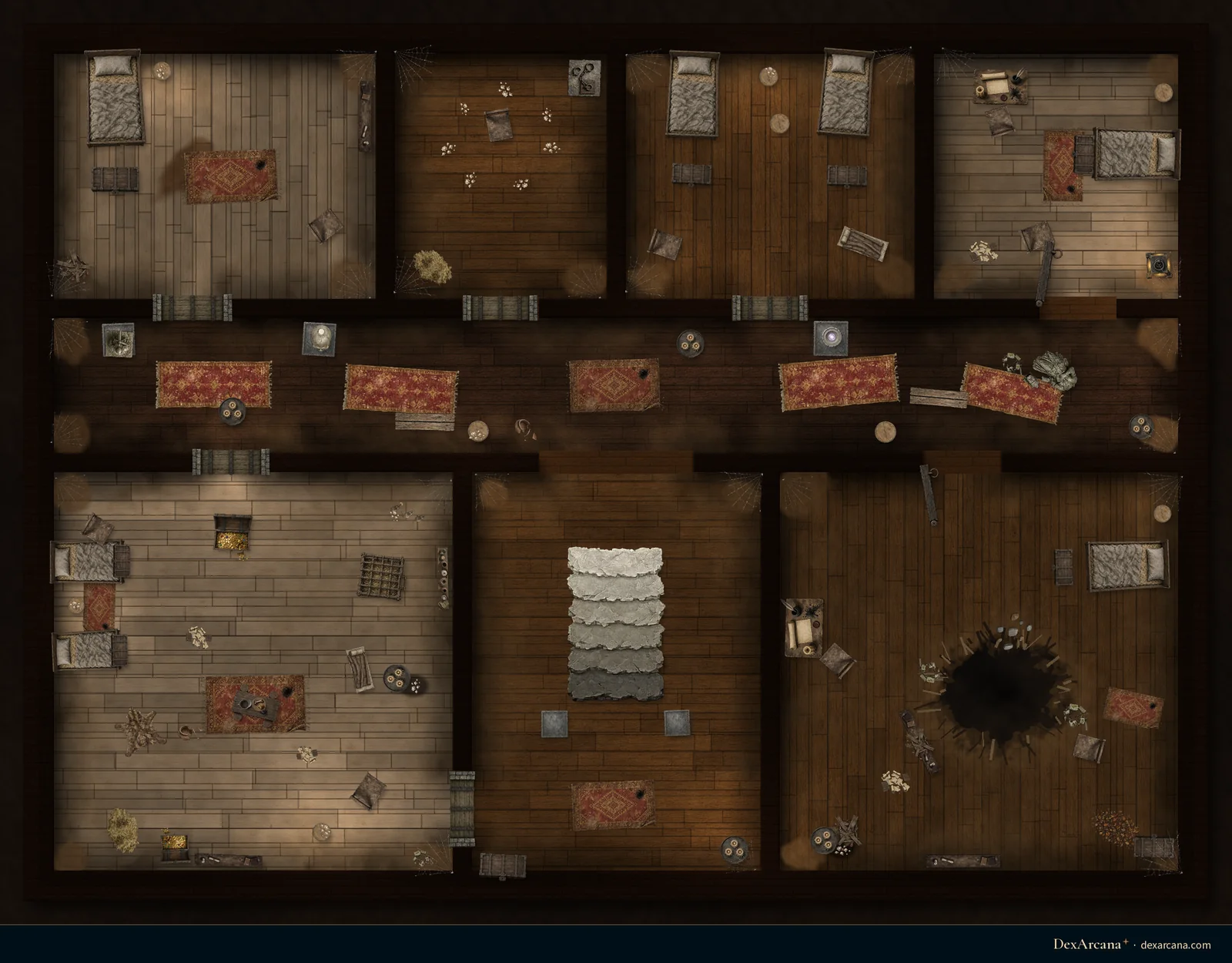 Grey Hollow Manor, Upper Floor battle map, top-down, 5 ft grid
