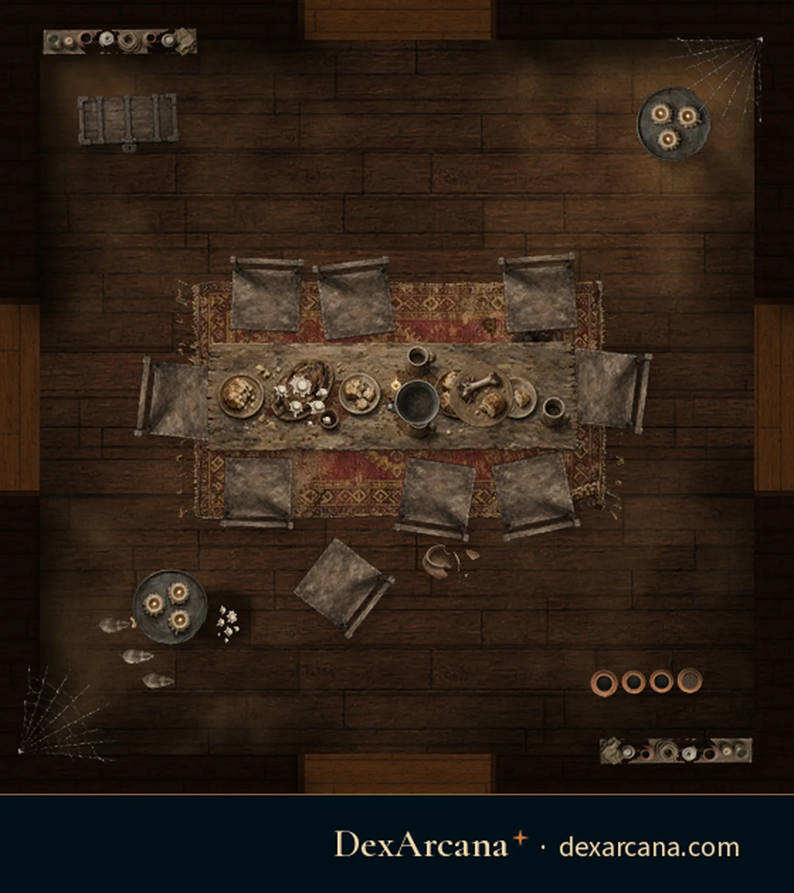 Shifting Manor, Dining Hall battle map, top-down, 5 ft grid