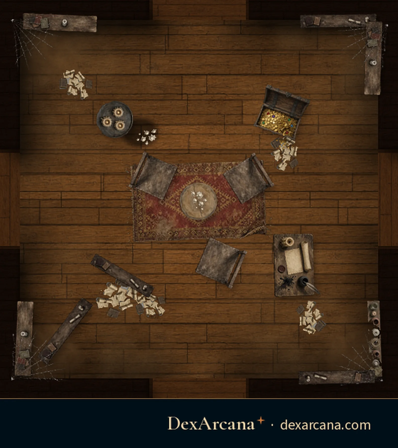 Shifting Manor, Library battle map, top-down, 5 ft grid