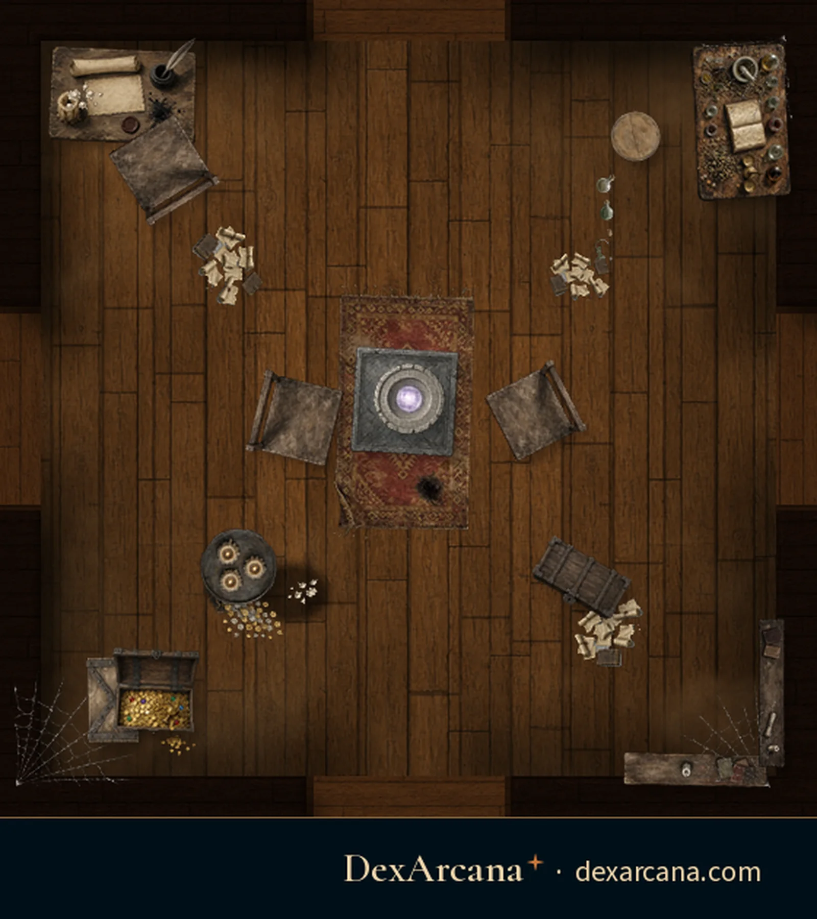 Shifting Manor, Study battle map, top-down, 5 ft grid
